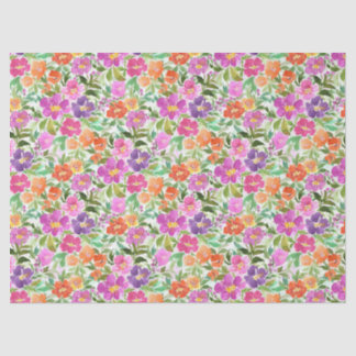 Papel De Seda Rosa Laranja Roxo Jardim Floral Aquarela Vibrante