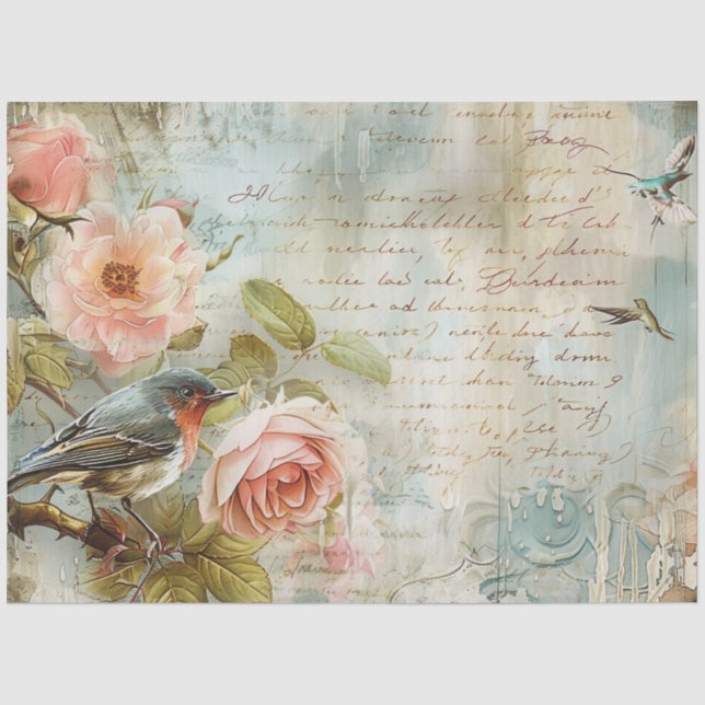 Papel De Seda Rosa Pássaros Decoupage Rosa Antigo (Frente )