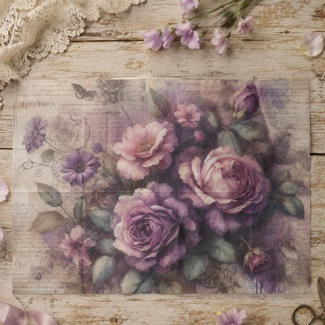 Papel De Seda Rosa Roxa Vintage e Colagem Botânica em Decoupage (Criador carregado)