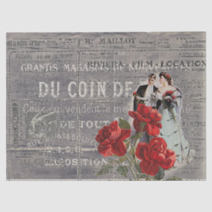 Papel De Seda Rosa vermelha Vintage Casal Tipografia Francesa