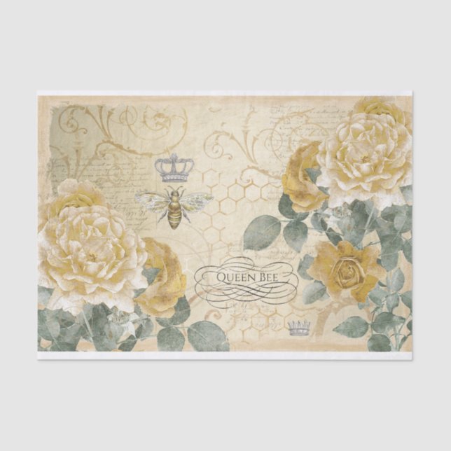 Papel De Seda Rosas Amarelas com Abelha-Floral Damask (Frente )