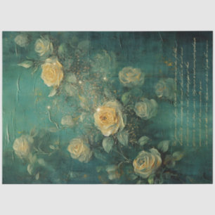 Papel De Seda Rosas amarelas da safra douradas faíscas esmeralda