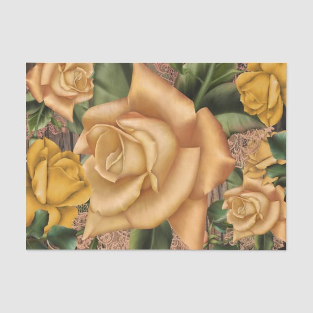 Papel De Seda Rosas Amarelas & Madeira Rústica Country Estilo Sh (Frente )