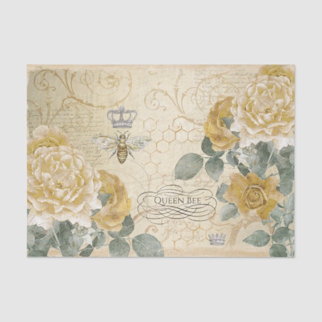 Papel De Seda Rosas Amarelas Rainha Abelha com Floral Damask  (Frente )
