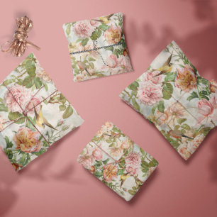Papel De Seda Rosas Amarelas Vintage Cor-de-rosa-rosa Aves Botân