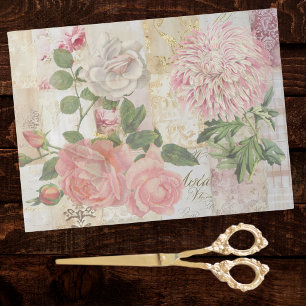 Papel De Seda Rosas Antigas e Crisântemos Rosa Dourado Branco