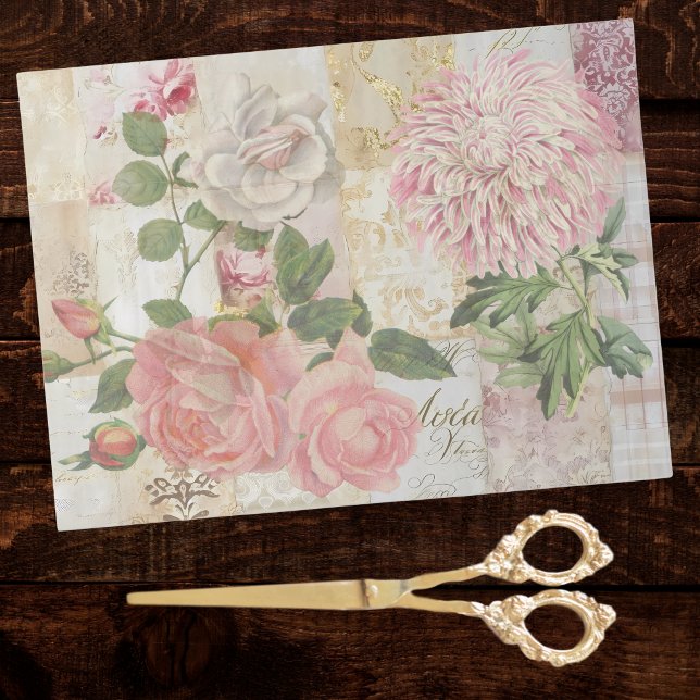 Papel De Seda Rosas Antigas e Crisântemos Rosa Dourado Branco  (Criador carregado)