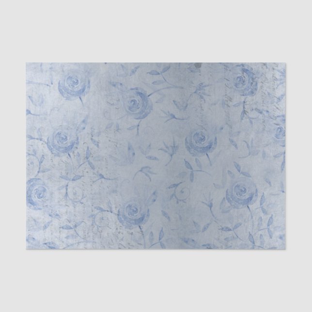 Papel De Seda Rosas Azuis Chic Floral Brilho Prata (Frente )