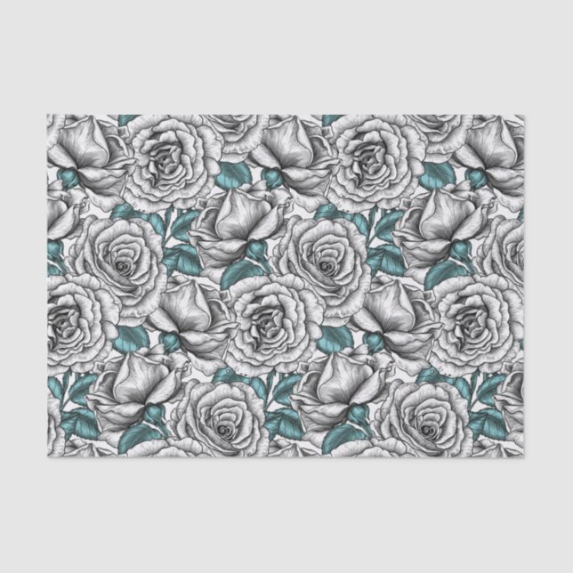 Papel De Seda Rosas brancas com folhas azuis (Frente )