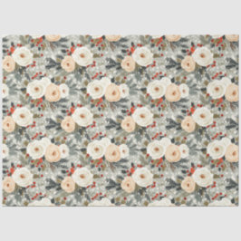 Papel De Seda Rosas Brancas de Natal Elegantes e Berry Vermelho