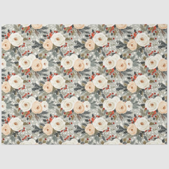 Papel De Seda Rosas Brancas de Natal Elegantes e Berry Vermelho  (Frente )