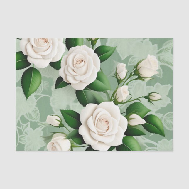 Papel De Seda Rosas Brancas Elegantes Em Verde (Frente )