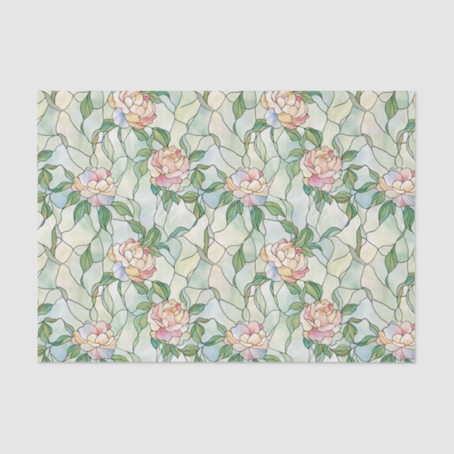 Papel De Seda Rosas claro e flores brancas com efeito de vidro m (Frente )