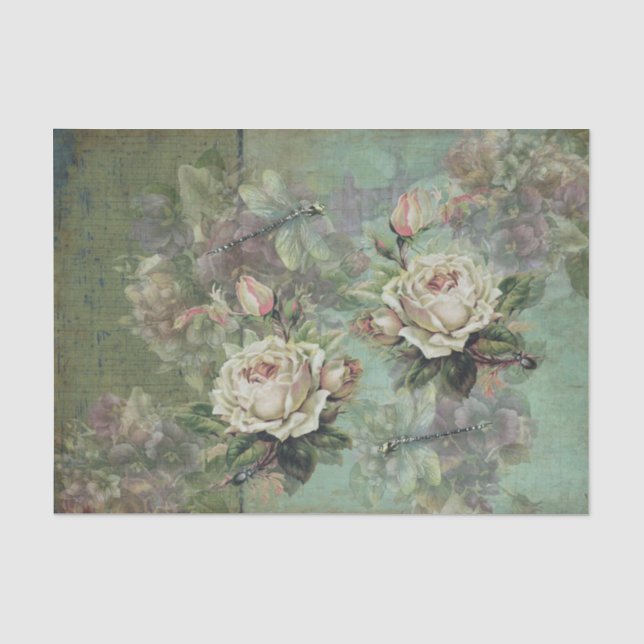 Papel De Seda Rosas Creme Etéreo, Violetas Roxas e Insetos (Frente )