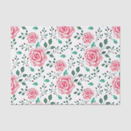 Papel De Seda Rosas de Aquarela Rosa e Padrão de Folhagem Verde