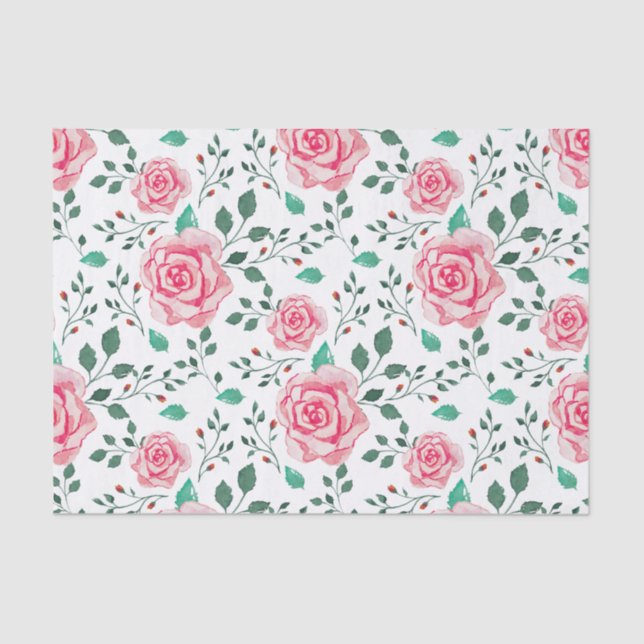 Papel De Seda Rosas de Aquarela Rosa e Padrão de Folhagem Verde (Frente )