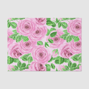 Papel De Seda Rosas de aquarelas cor-de-rosa com folhas e padrã