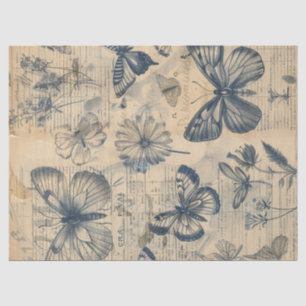 Papel De Seda Rosas de borboletas de tinta monocromática Vintage