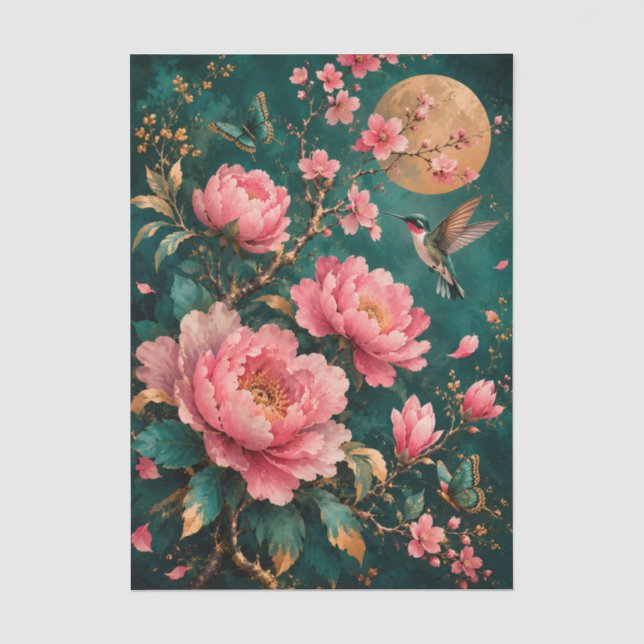 Papel De Seda ROSAS DO JARDIM EMERALDADO BEija-FLOR (Frente )