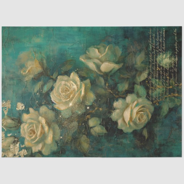 Papel De Seda Rosas em inglês dourado folha eserald verde profun (Frente )