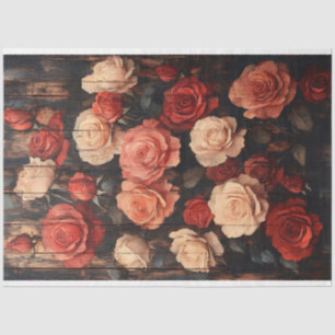 Papel De Seda Rosas em Vermelho e Rosa Pintadas em Madeira Decou