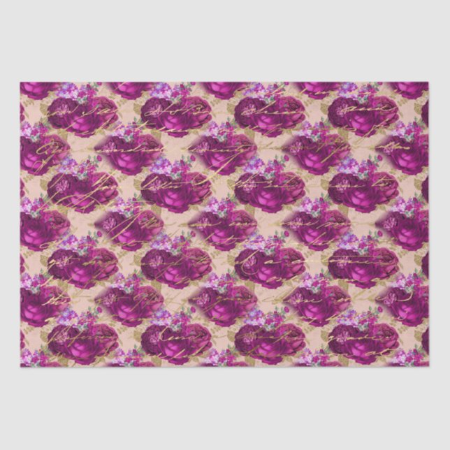 Papel De Seda Rosas magenta românticos com Escrevendo Dourado em (Frente )
