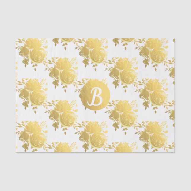 Papel De Seda Rosas Monograma Custom Glam Dourado Brilhante com  (Frente )