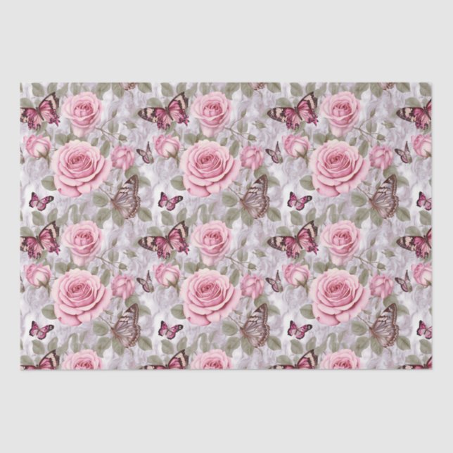 Papel De Seda Rosas rosa e borboletas Aquarela Floral (Frente )
