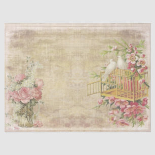 Papel De Seda Rosas rosa e pombas brancas em castanho