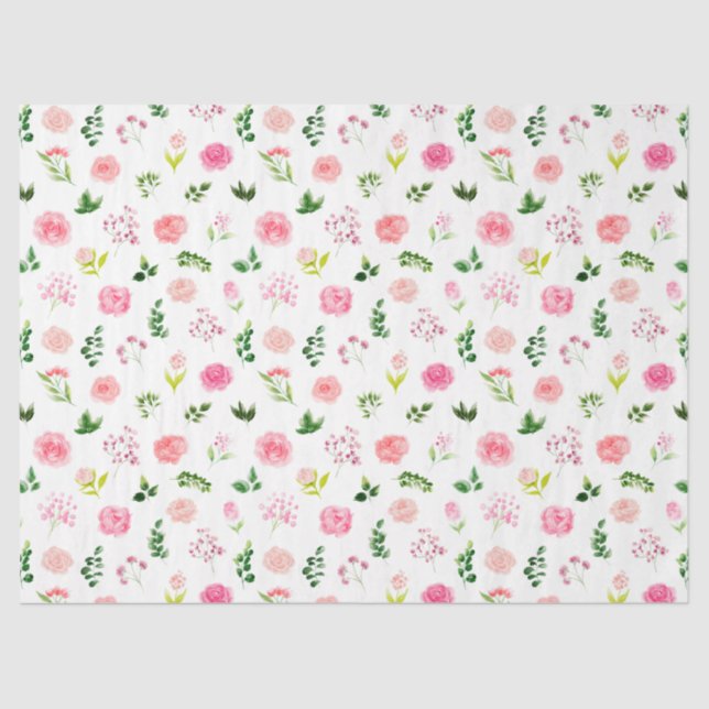 Papel De Seda Rosas Rosa Florais com Folhagem (Frente )