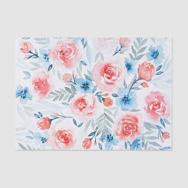 Papel De Seda Rosas Rosa Flores Azuis Flores Aquáticas Padrão Fl (Frente )