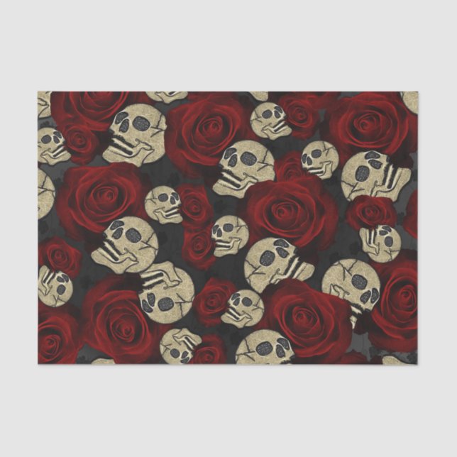 Papel De Seda Rosas Vermelhas & Caveiras Cinza Preto Floral Góti (Frente )
