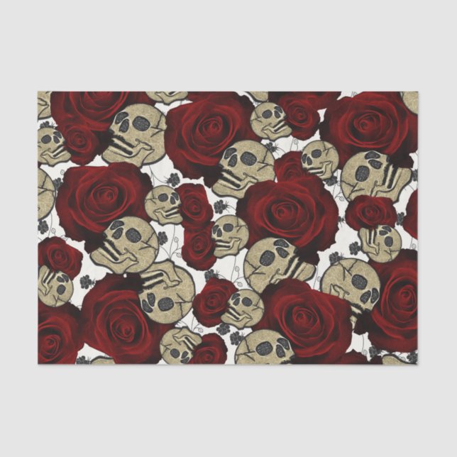 Papel De Seda Rosas Vermelhas & Caveiras Preto Floral Gótico Bra (Frente )