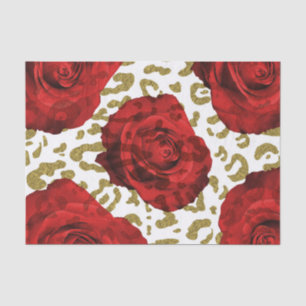 Papel De Seda Rosas Vermelhas Guepardo Dourado Estampa de Animal