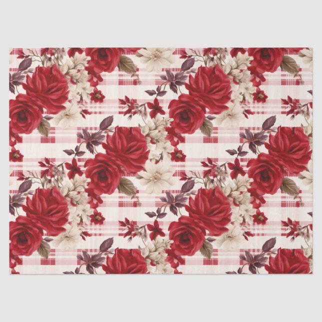 Papel De Seda Rosas vermelhas xadrezes de flores brancas (Frente )
