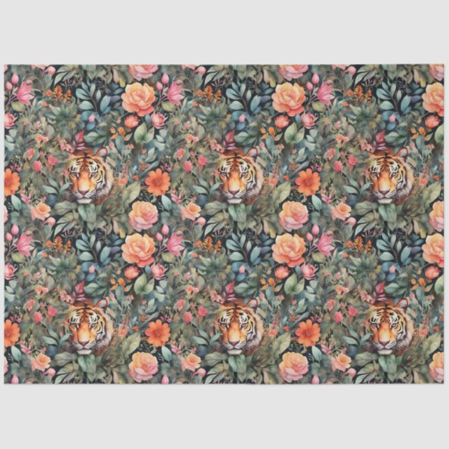 Papel De Seda Rosas vibrantes e selva de tigres (Frente )