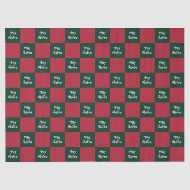 Papel De Seda Roteiro de Natal Feliz em Xadrez Verde e Vermelho (Frente )