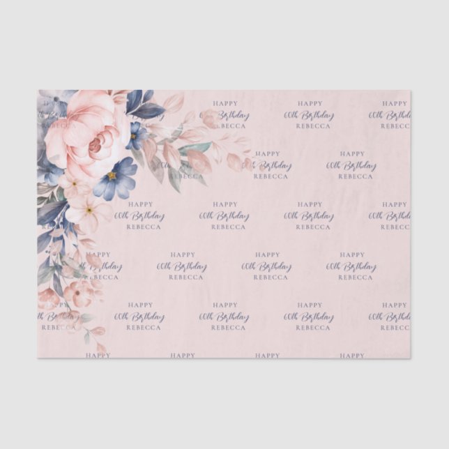 Papel De Seda Roteiro Elegante Floral Rosa 60º Aniversário Qualq (Frente )