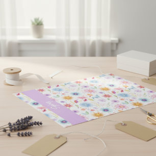 Papel De Seda Roxo Azul Rosa Boho Flor de Campo Personalizado 