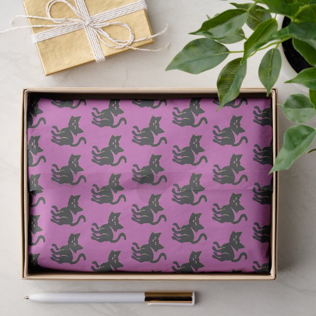 Papel De Seda Roxo de Halloween e Padrão de Gato Preto Fofo (Presente)