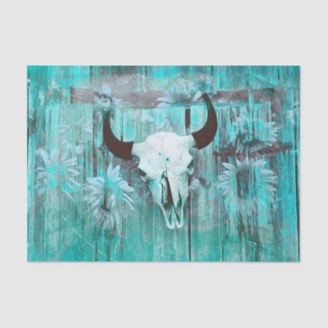 Papel De Seda Russo Western Bull Crânio Teal Boho Sunflower (Frente )