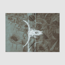 Papel De Seda Russo Western Teal Brown Sunflower Touro Crânio
