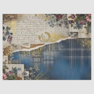 Papel De Seda Rustic Blue Denim Ephemera Floral Decoupage Print