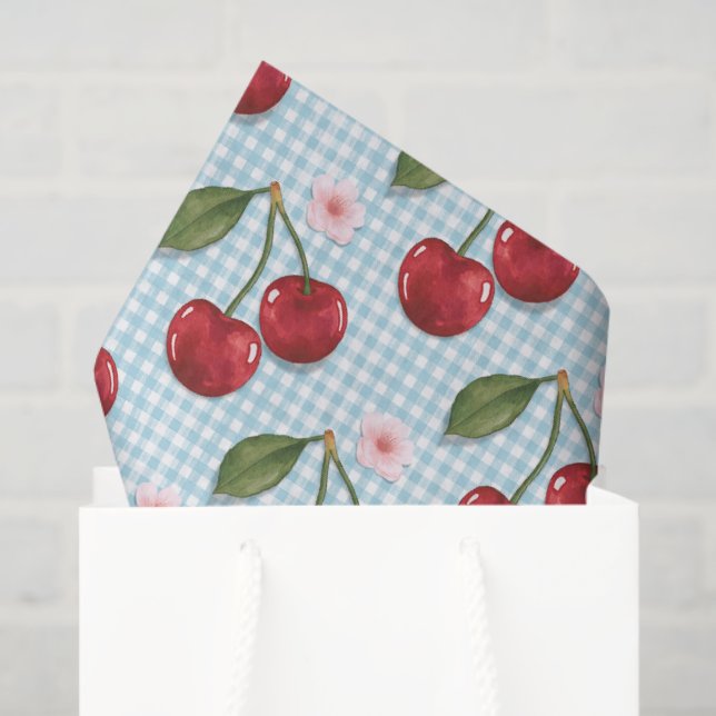 Papel De Seda Rustic Blue Gingham E Cerejas (Sacola de presentes)