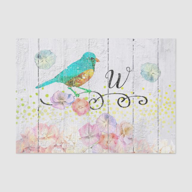 Papel De Seda Rustic Bluebird Pink Hydrangea Floral Monogramas (Frente )
