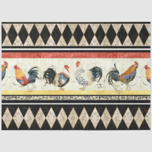 Papel De Seda Rustic Country Roosters Harlequin Black e Tan