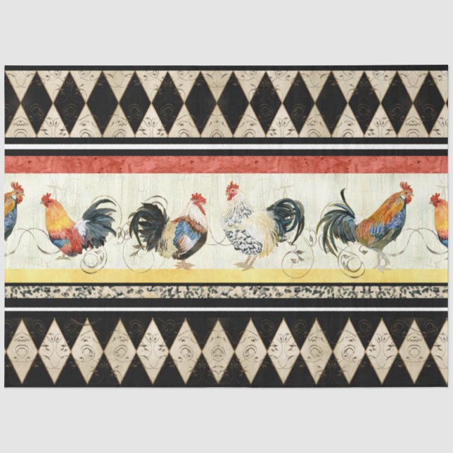 Papel De Seda Rustic Country Roosters Harlequin Black e Tan (Frente )