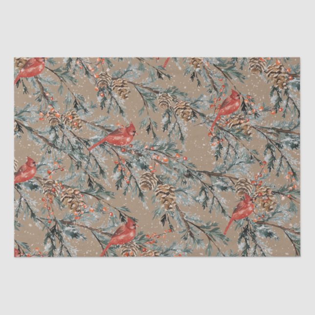 Papel De Seda Rustic Kraft Red Cardinal Juniper Branches Berries (Frente )