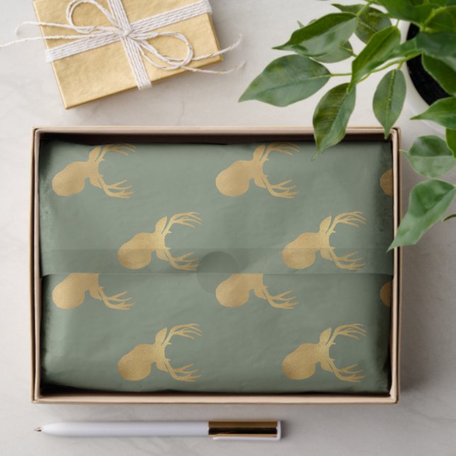 Papel De Seda Rustic Olive Green Gold Deer Christmas (Presente)