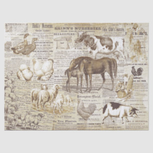 Papel De Seda Rustic Vintage Animais Domésticos Ephemera Beige
